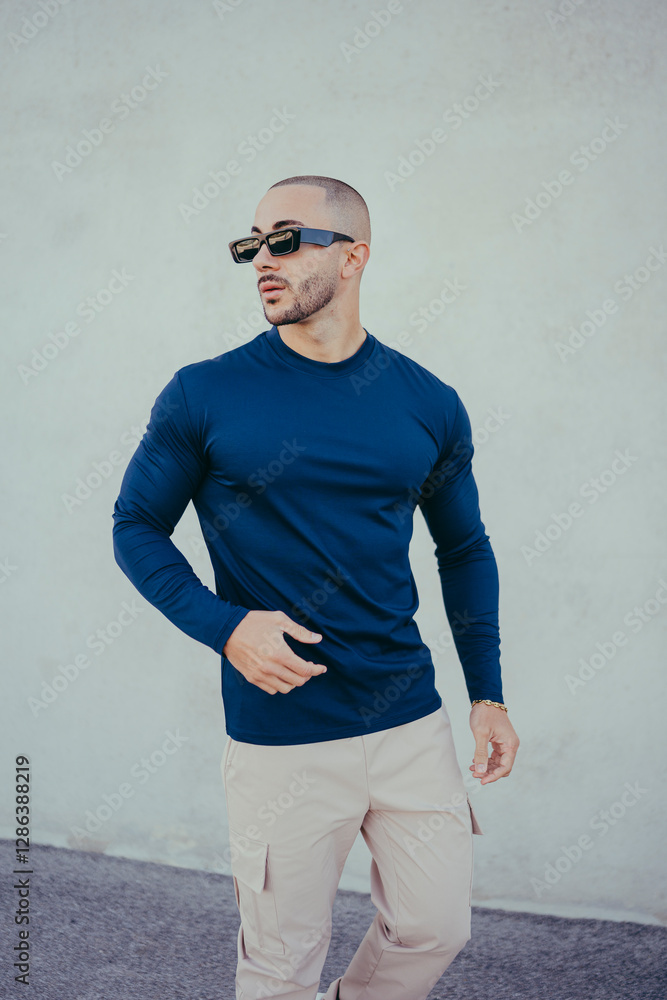 Chico joven tatuado posando con ropa actual en la calle