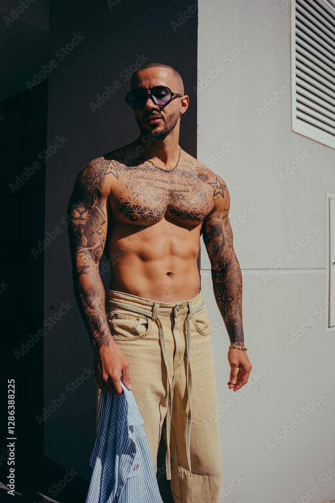 Chico joven tatuado posando con ropa actual en la calle