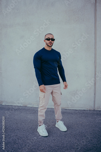 Chico joven tatuado posando con ropa actual en la calle