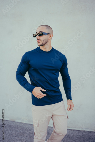 Obraz na płótnie Chico joven tatuado posando con ropa actual en la calle w salonie