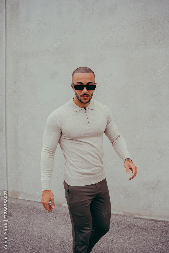 Chico joven tatuado posando con ropa actual en la calle