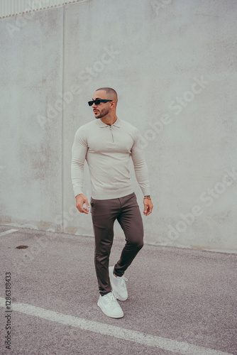 Obraz na płótnie Chico joven tatuado posando con ropa actual en la calle w salonie