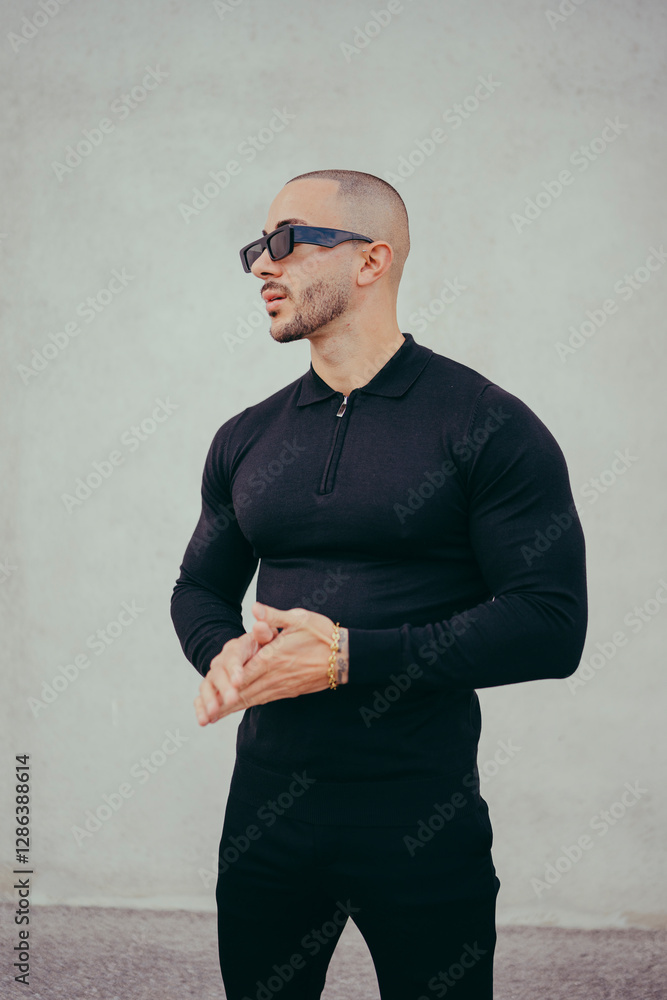 Chico joven tatuado posando con ropa actual en la calle