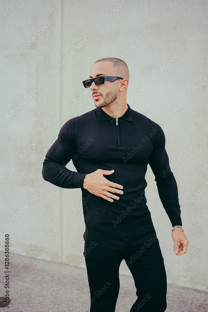 Chico joven tatuado posando con ropa actual en la calle