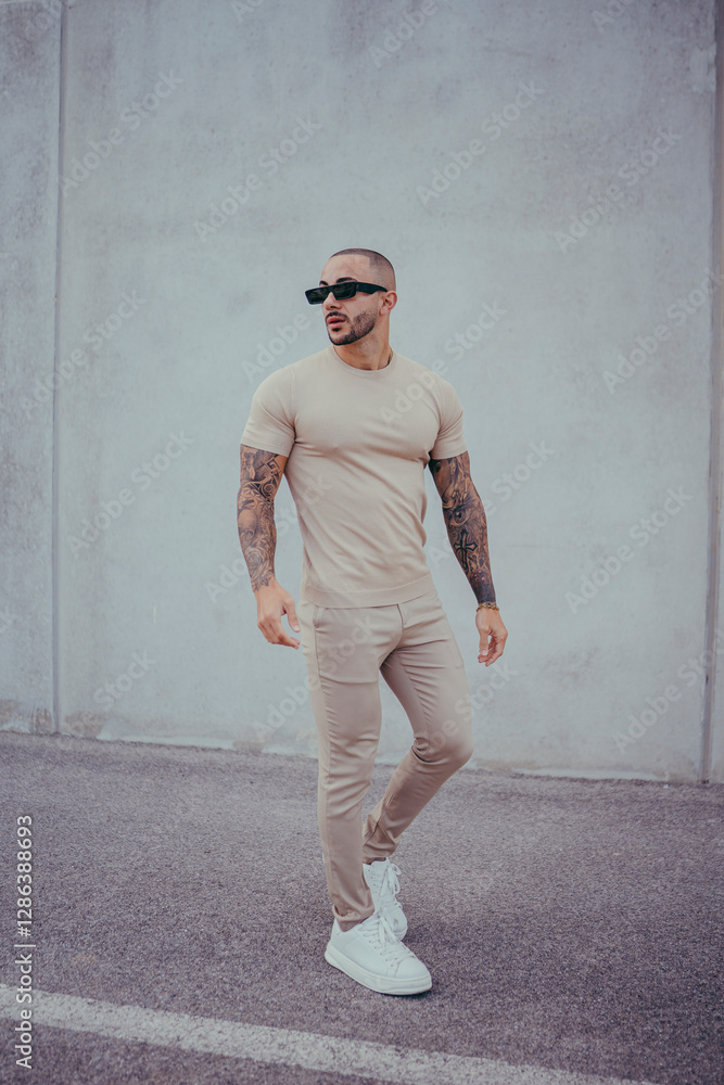 Chico joven tatuado posando con ropa actual en la calle