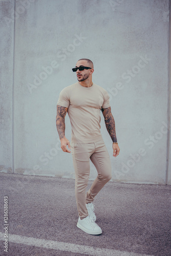 Chico joven tatuado posando con ropa actual en la calle