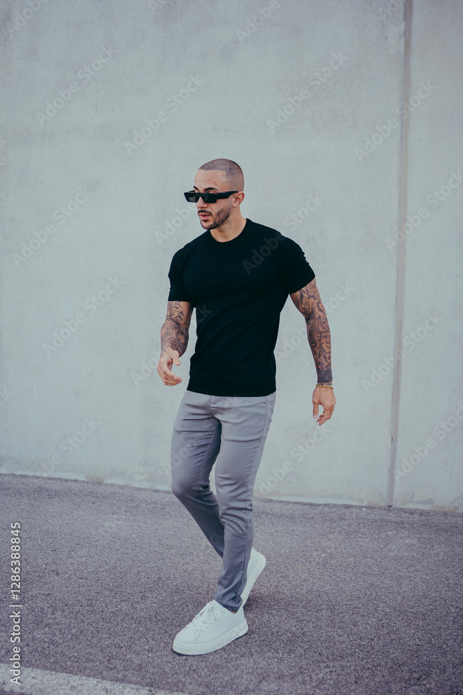 Chico joven tatuado posando con ropa actual en la calle