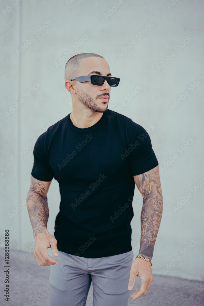 Chico joven tatuado posando con ropa actual en la calle