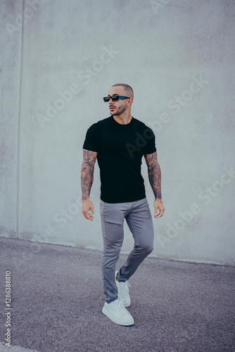 Obraz na płótnie Chico joven tatuado posando con ropa actual en la calle w salonie
