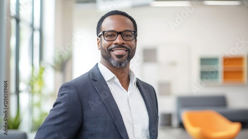 A bold business leader presenting confidently in a modern office setting.