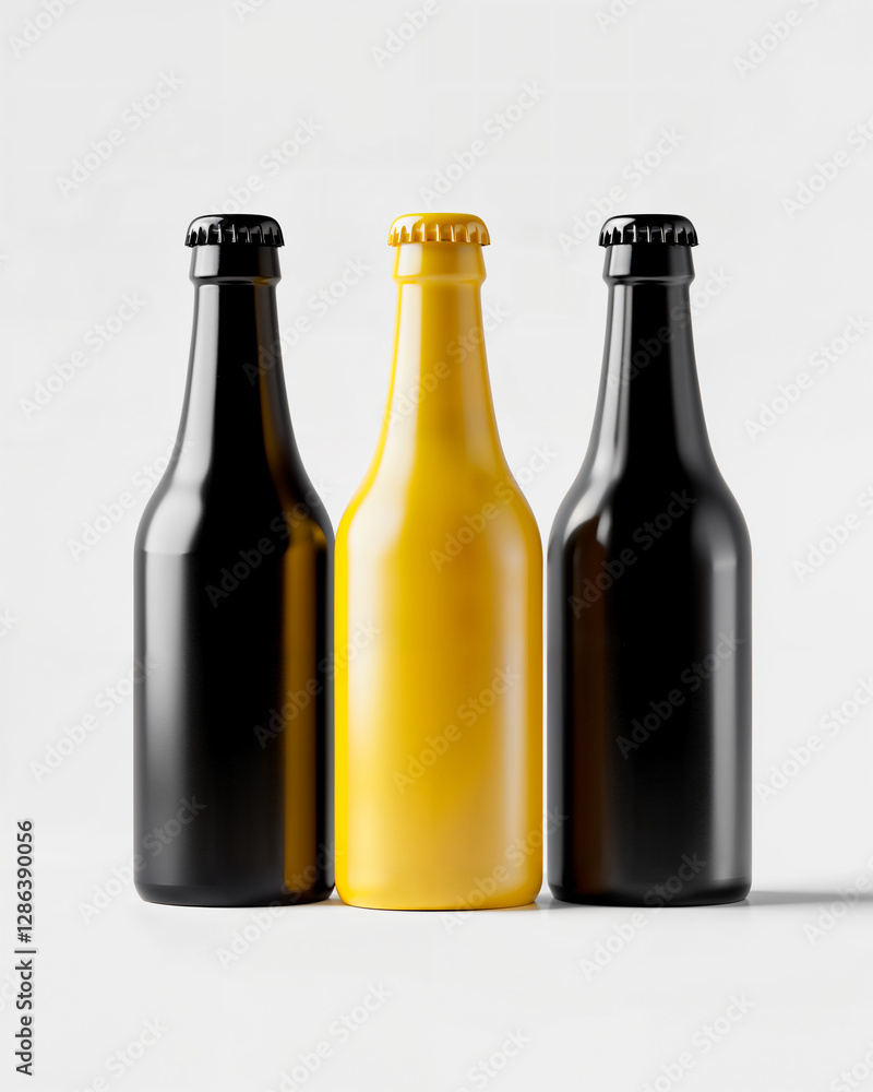 Creative display of black and yellow bottles arranged side by side on a neutral background showcasing the unique design of beverage containers Creative display of black and yellow bottles arranged side by side on a neutral background showcasing the unique design of beverage containers
