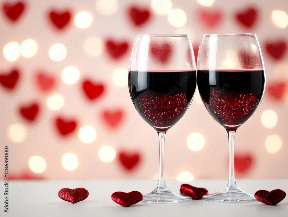 Two glasses of red wine with floating heart bokeh lights in soft romantic ambiance symbolizing love celebration intimacy and passion with elegant aesthetic composition Two glasses of red wine with floating heart bokeh lights in soft romantic ambiance symbolizing love celebration intimacy and passion with elegant aesthetic composition