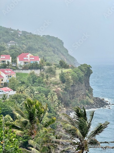 landscape of guadeloupe in the french west indies with view of houses on a cliff by the sea with tropical vegetation on a cloudy day
 photo