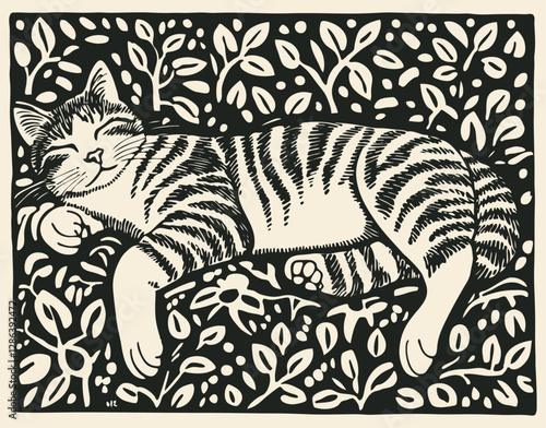 Vector illustration of a sleeping cat in foliage. Vintage linocut style. Great for pet, nature, or relaxation themed designs. Black and white vector drawing.