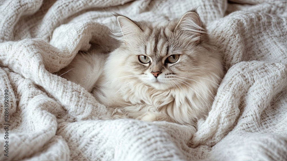 Cozy Cat in a Blanket: A fluffy domestic cat lounges contentedly on a soft, textured blanket, its eyes full of serene, comfortable calm. Cozy Cat in a Blanket: A fluffy domestic cat lounges contentedly on a soft, textured blanket, its eyes full of serene, comfortable calm.