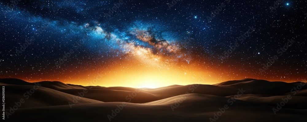 Fototapeta premium Canyon National Park Landscape desert concept. A breathtaking view of a starry night sky with a vibrant horizon, showcasing the Milky Way over rolling sand dunes.