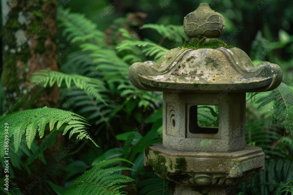 Vibrant Color Image of Stone Lantern Amonf Ferns in a Japanese Garden Vibrant Color Image of Stone Lantern Amonf Ferns in a Japanese Garden