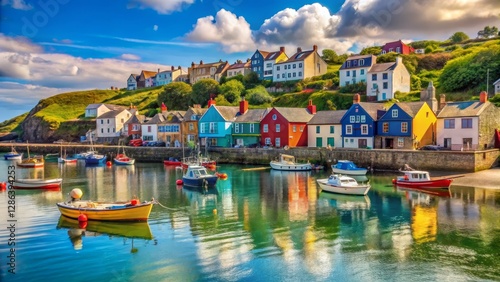 Colorful Coastal Village with Boats and Reflections in Water