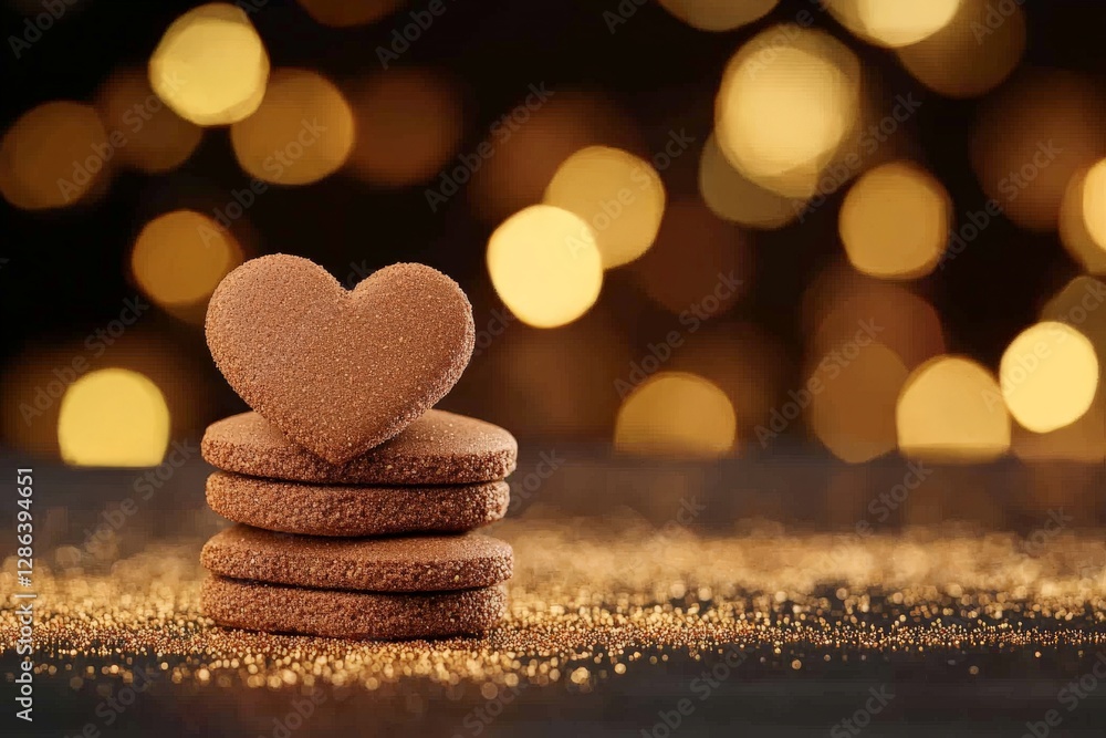 Obraz premium Stack of heart shaped cookies on glittering golden surface with bokeh lights in background evoking warmth affection and cozy holiday spirit with sweet homemade nostalgia