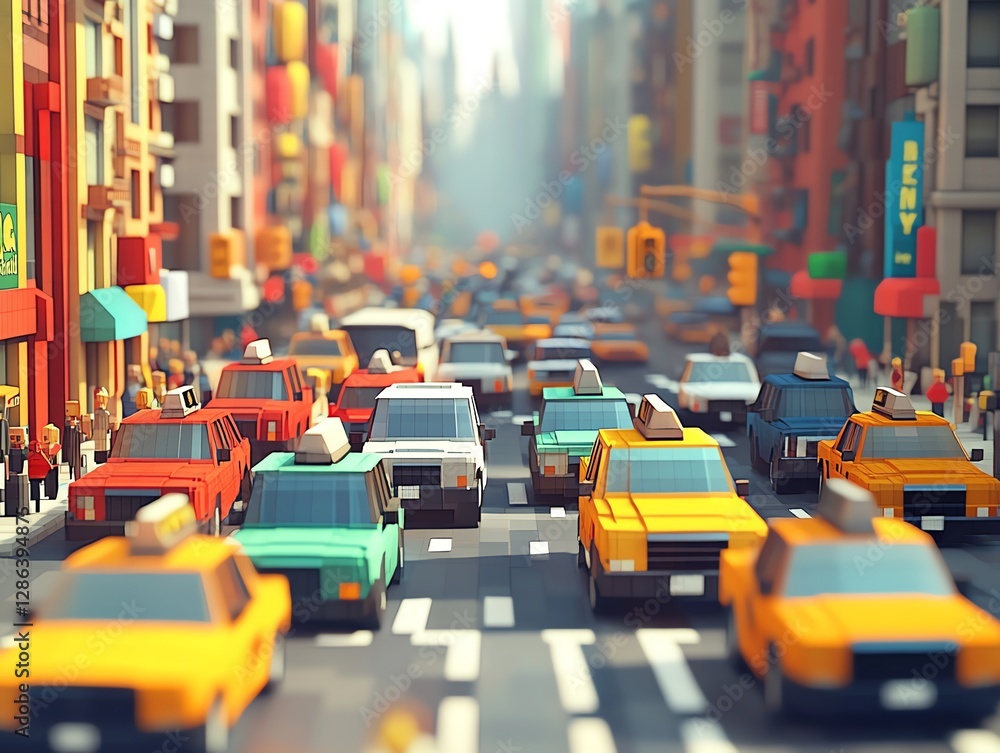 Low Poly City Street Traffic Scene with Yellow Taxis Low Poly City Street Traffic Scene with Yellow Taxis