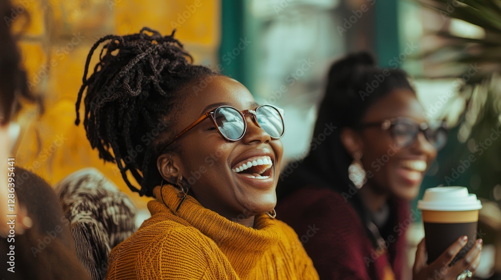 A group of women laughing and enjoying coffee at a cozy café. A group of women laughing and enjoying coffee at a cozy café.