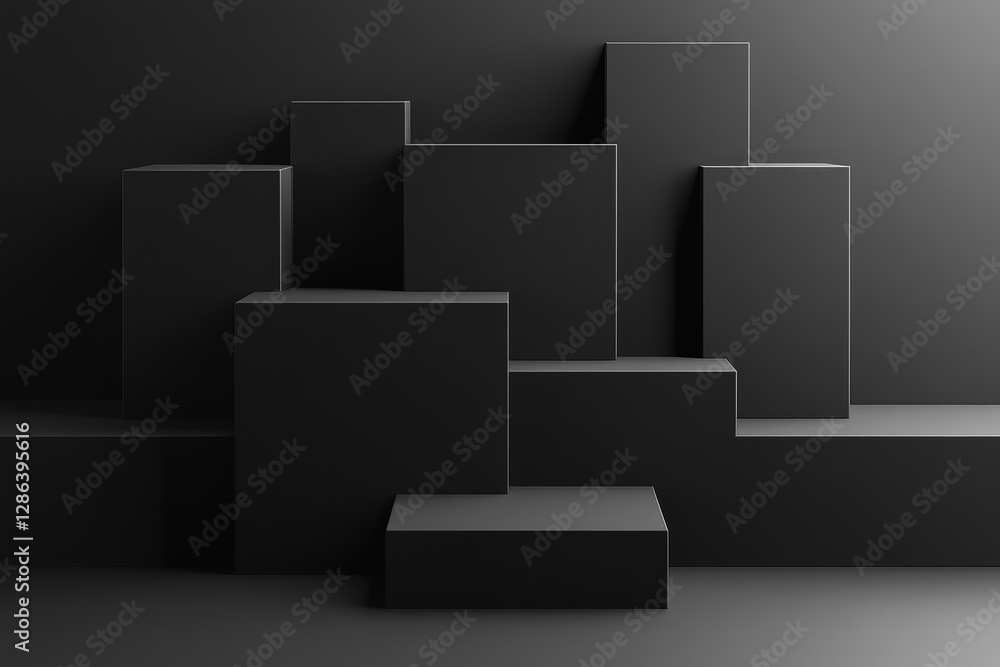Modern Geometric Display: An architectural display of minimalist black blocks, forming a stepped platform, offers a striking contrast and a stage for product presentations. Modern Geometric Display: An architectural display of minimalist black blocks, forming a stepped platform, offers a striking contrast and a stage for product presentations.