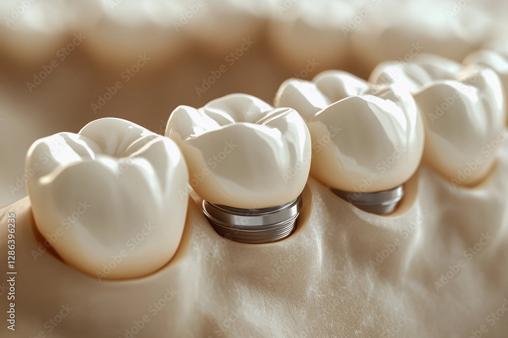 Dental implants displayed in a model of a human jaw demonstrating oral health and restoration procedures Dental implants displayed in a model of a human jaw demonstrating oral health and restoration procedures