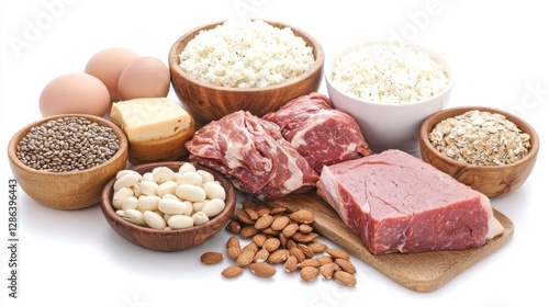 Assorted Fresh Ingredients for a Healthy Meal Preparation on a White Background