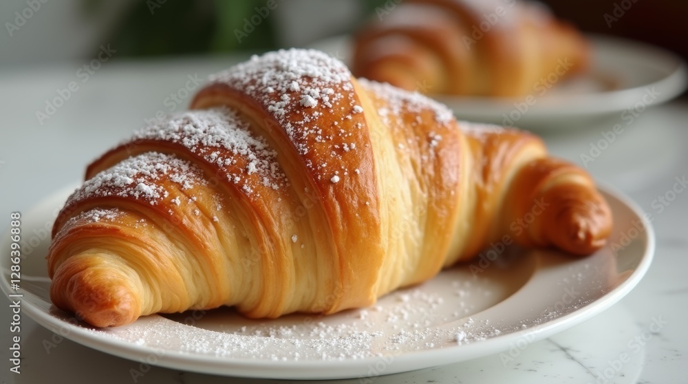 A croissant with a flaky texture, Delicate French Bakery Pastry Macro Close-up, Breakfast Bread A croissant with a flaky texture, Delicate French Bakery Pastry Macro Close-up, Breakfast Bread