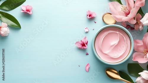 Wallpaper Mural A serene composition of pink cream and flowers on a soft blue background. Torontodigital.ca
