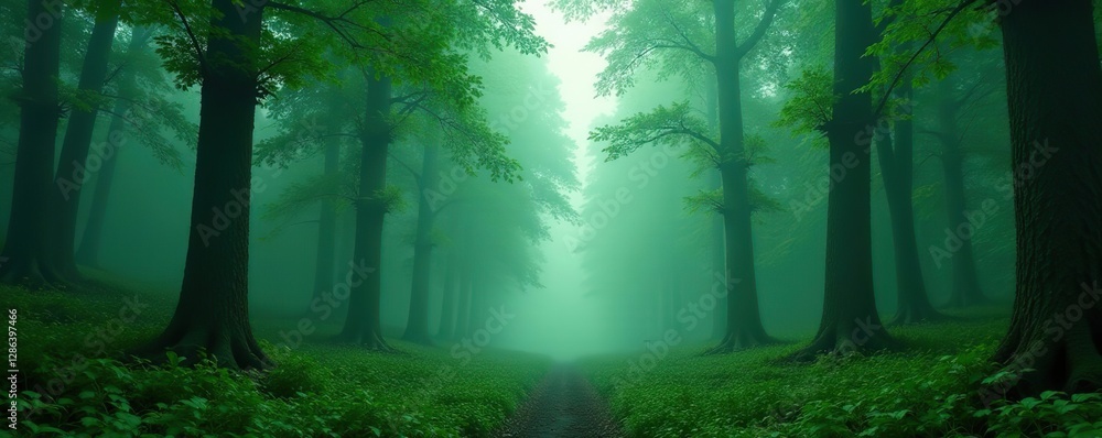 Obraz premium Dense forest with towering trees and misty atmosphere, mist, green