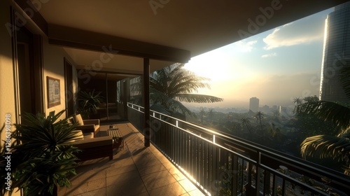 Wallpaper Mural Serene balcony view at sunset with lush greenery, city skyline, and tranquil atmosphere Torontodigital.ca