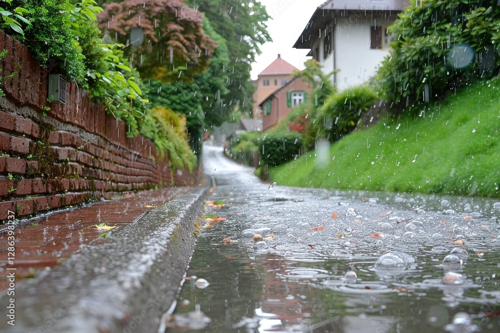 A street is wet from rain and has leaves on the ground A street is wet from rain and has leaves on the ground