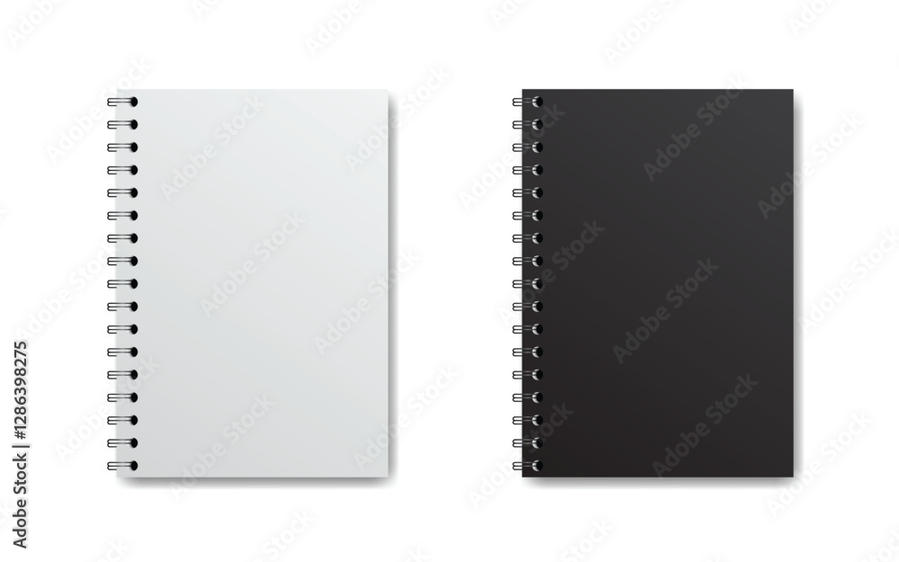 Realistic 3d vector black and white notebook mock up set with white background Realistic 3d vector black and white notebook mock up set with white background