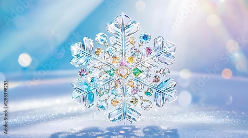 Crystal Snowflake Ornament on Blue Background - Winter Holiday Decoration
