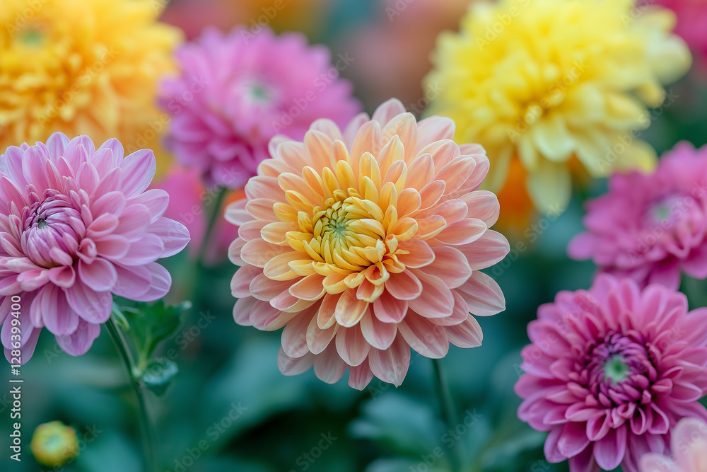 pink and yellow chrysanthemum. Colorful Flower Field Under a Sunset Sky. Fantasy Flower Field – A Blooming. Surreal Garden of Chrysanthemums in Soft Light pink and yellow chrysanthemum. Colorful Flower Field Under a Sunset Sky. Fantasy Flower Field – A Blooming. Surreal Garden of Chrysanthemums in Soft Light