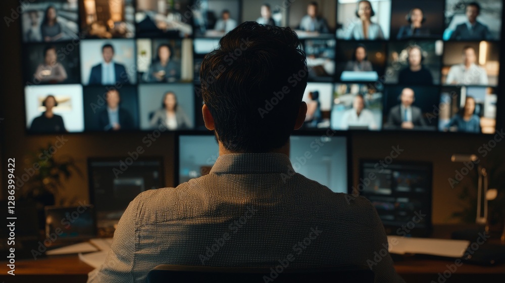 conference concept. Person viewing multiple video calls on computer screens.