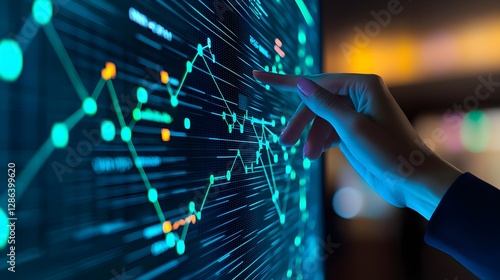 Data Analysis, Woman's Hand Interacting with Financial Charts on Digital Screen
