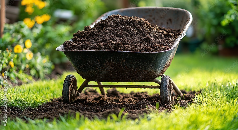 Wheelbarrow filled with brown soil in a sunny garden with lush green grass in the background Wheelbarrow filled with brown soil in a sunny garden with lush green grass in the background