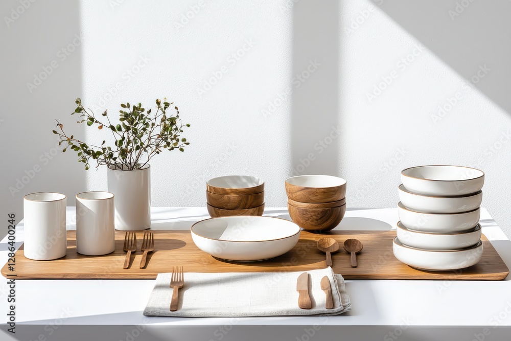 Minimalist tableware set display bright airy room photography soft natural light aerial view artful arrangement Minimalist tableware set display bright airy room photography soft natural light aerial view artful arrangement