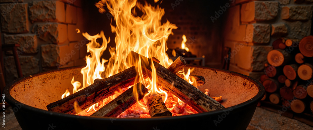 Obraz premium Cozy flames dancing in rustic cabin fire pit, warm ambiance