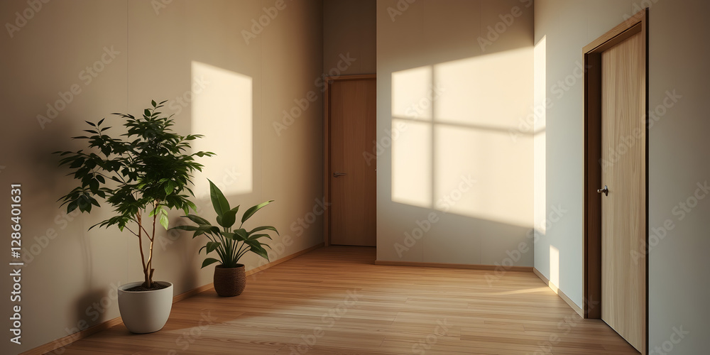 Bright wall background featuring a potted green plant on a wooden surface, creating a cheerful and vibrant atmosphere. Minimal furniture idea. A vibrant green plant. Bright wall background featuring a potted green plant on a wooden surface, creating a cheerful and vibrant atmosphere. Minimal furniture idea. A vibrant green plant.