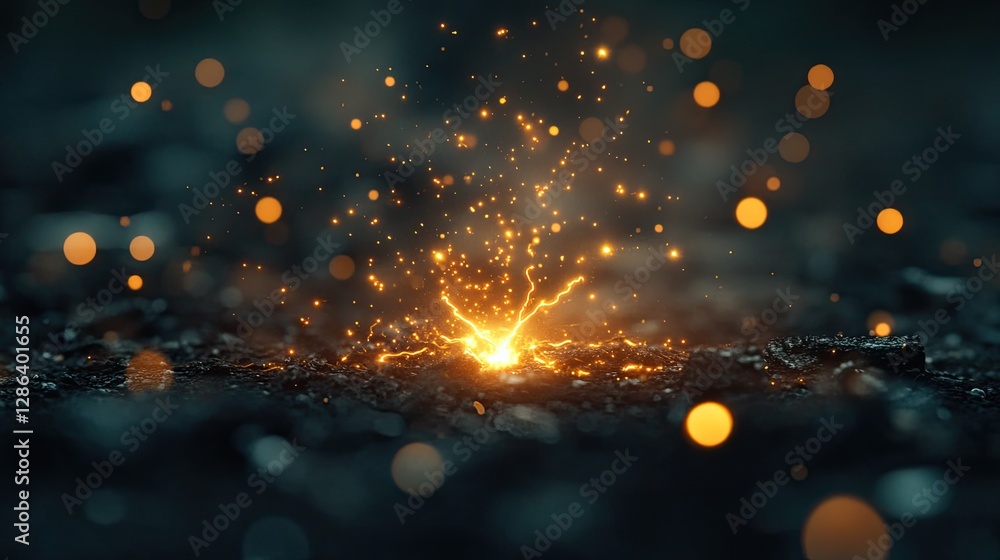Naklejka premium Golden Sparks Erupting on Dark Surface with Bokeh Light Effect