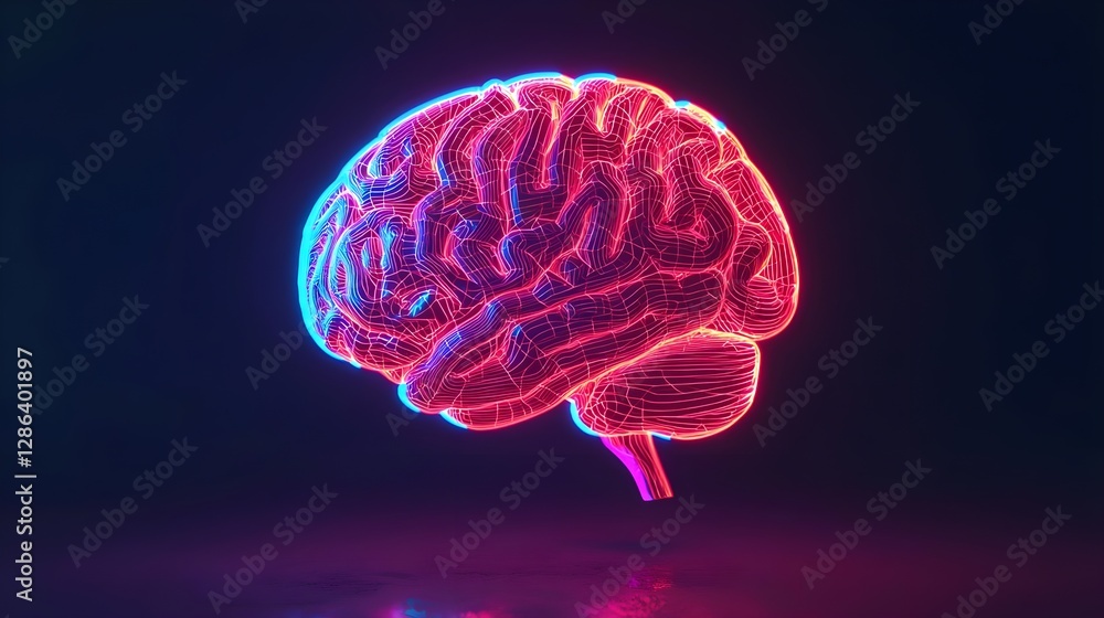 Futuristic Brain Illustration, Artificial Intelligence Concept, Glowing Neon Futuristic Brain Illustration, Artificial Intelligence Concept, Glowing Neon