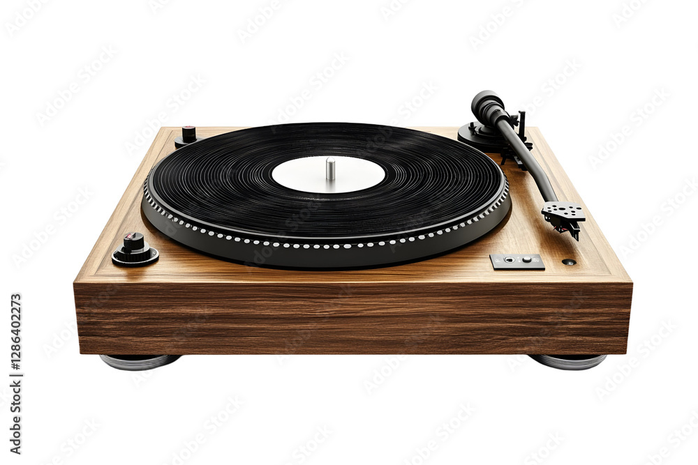 Fototapeta premium Retro-style turntable featuring a wooden base, spinning black vinyl record, and sleek design