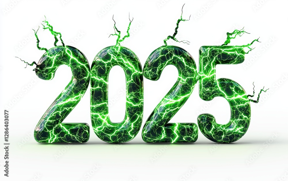 Of the number 2025 made of glowing neon green plasma arcs with high-energy lightning effects, isolated on a clean white background Of the number 2025 made of glowing neon green plasma arcs with high-energy lightning effects, isolated on a clean white background