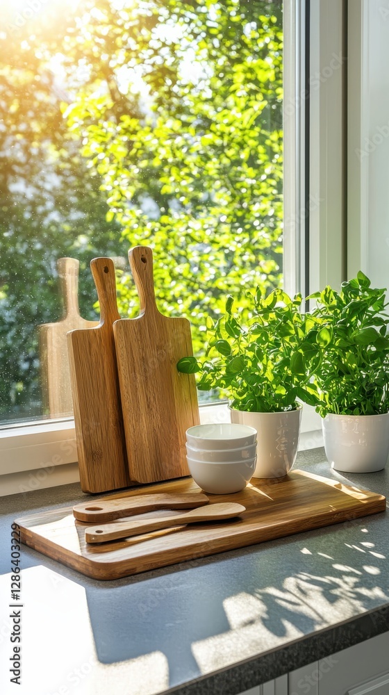 Fototapeta premium Ecofriendly utensils displayed in a sunlit kitchen eye-level view vibrant greens in background realistic content