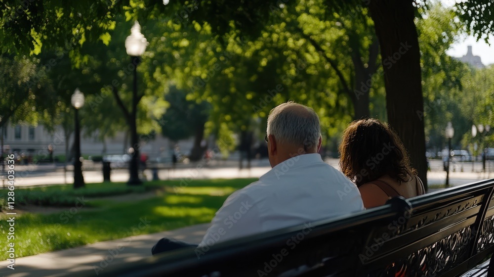 Obraz premium An older couple sits closely on a park bench, surrounded by lush greenery and dappled sunlight, enjoying a restful afternoon.