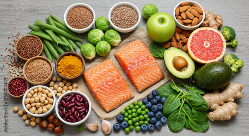 Tableau sur toile A vibrant assortment of healthy foods including salmon, avocado, nuts, seeds, fruits, and vegetables, showcasing a balanced diet rich in nutrients and antioxidants