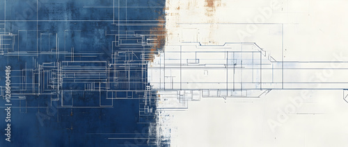 Fototapeta Naklejka Na Ścianę i Meble -  Abstract alien space station blueprint with futuristic technical drawings and rust undertones